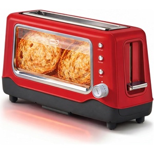 image:imageDash Clear View Toaster 105 Long Slot 2 Slice Toaster with SeeThrough Glass Window 7 Browning Levels Bagel Defrost amp Reheat Functions Removable Glass Panel Crumb Tray  WhiteRed